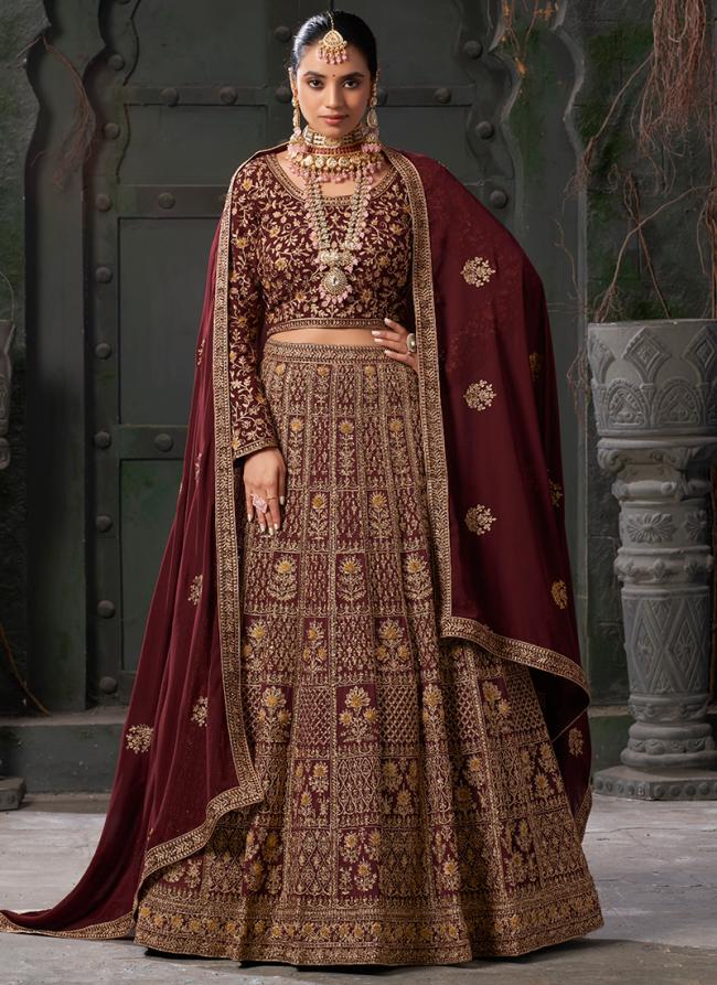 Premium Georgette Maroon Bridal Wear Zarkan Work Lehenga Choli